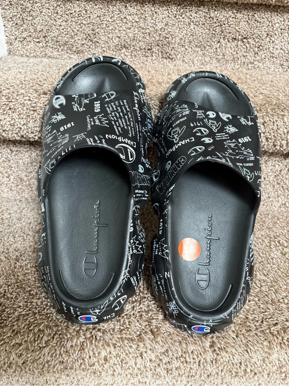 Champion Men’s Black Platform Slides with White Graphic Logo Print